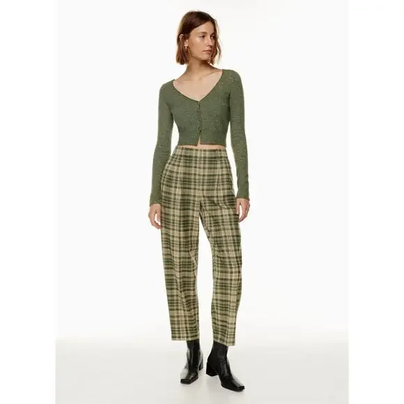 Wilfred Jallade High-Waisted Belted Textured Twill Pants - Green Plaid - 10 - Picture 7 of 8